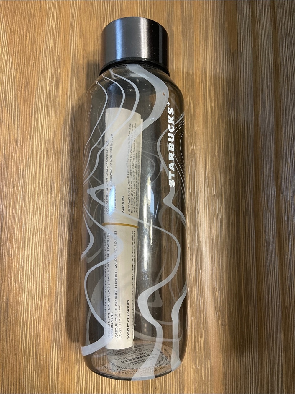 NWT 20 oz Starbucks Clear Glass Bottle with White Swirl and Silver Cap